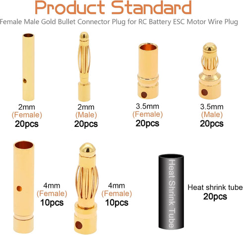 100 PCS RC Bullet Connectors 2mm 3.5mm 4mm Female Male Gold Banana Bullet Connector Plug with Heat Shrink Tube...