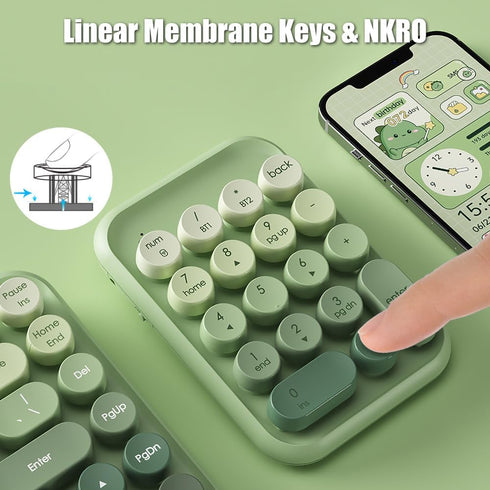 Typewriter Style Number Keypad Wireless 2.4G/Bluetooth/USB-C Wired Rechargeable Numeric Pad Linear Membrane Switch 18-Key NKRO Retro Round Keycaps...