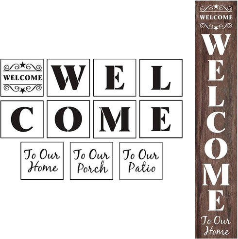 Welcome Stencils for Painting on Wood - 11 Pack Large Vertical Welcome Sign Stencil Templates for Wood Signs, Reusable Letter Stencils for Home, P...