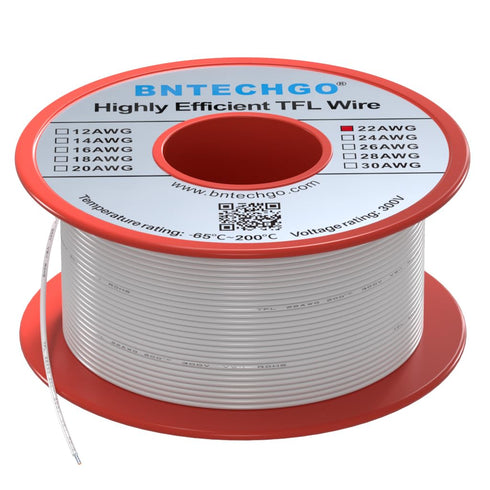 BNTECHGO 22AWG FEP Teflon Coated Tin-Plated Copper Wire in White 50 ft has a Temperature Rating of -65 to 200°C FEP Teflon Wire is Suitable for Ap...