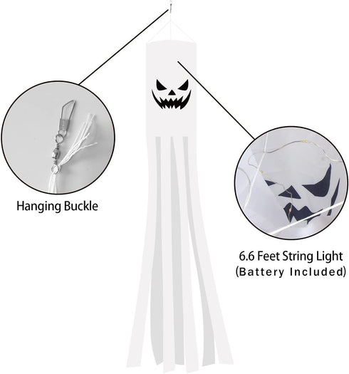 CCINEE 2 Pack Halloween Ghost Windsock Flag with Lights, 70.8 Inch Glow in the dark Halloween Outdoor Hanging Decor for Yard Patio Garden Pathway ...