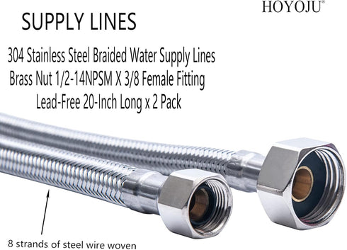 Braided Faucet Connector Supply Hose 1/2"-14NPSM Brass Nut X 3/8 Female Fitting Stainless Steel Lead-Free 20-Inch Long x 2 Pack...