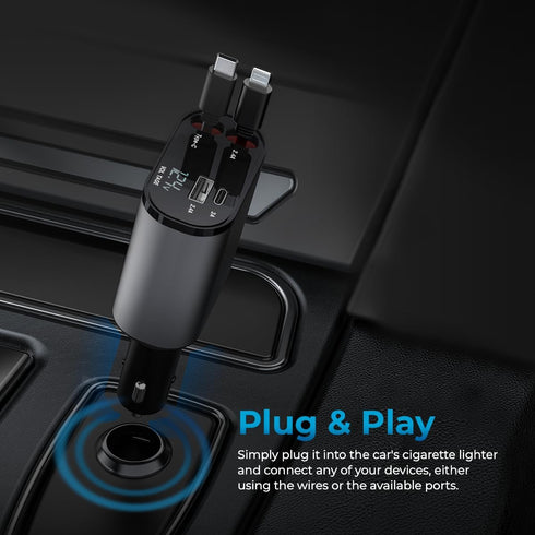 AutoSky 4 in 1 Retractable Car Charger with Fast Car Phone Charger - 100W Car Charger USB C & iPhone Cable, a USB-C, USB-A Ports - Works with Any ...