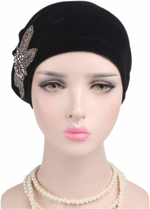 Qhome Fashion Women's Elegant Soft Velvet Turban Beanie with Beaded Flower Hat Chemo Cap Liner for Cancer Hair Loss Ladies...