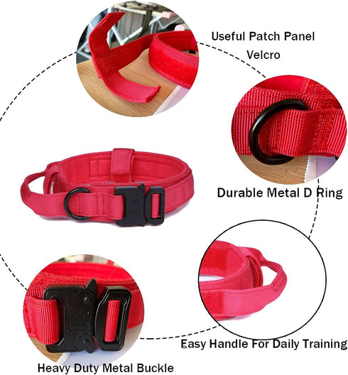 Tactical Dog Collar Military Dog Collar Adjustable Nylon Dog Collar Heavy Duty Metal Buckle with Handle for Dog Training (Red,S)...