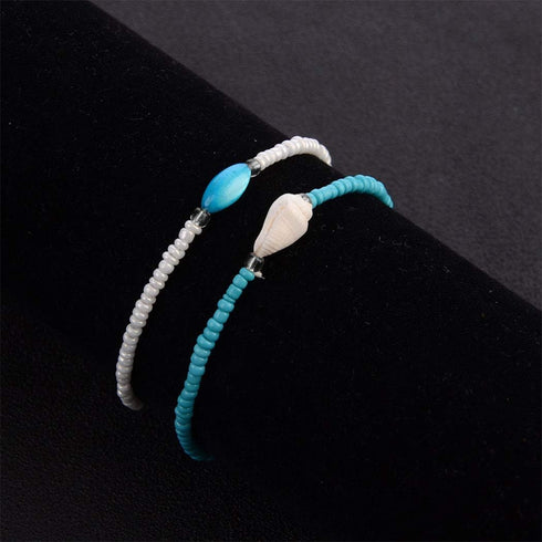 O Boho Beaded Anklets Layered Shell Anklet Bracelet Blue White Stretchy Elastic Foot String Jewelry for Women...