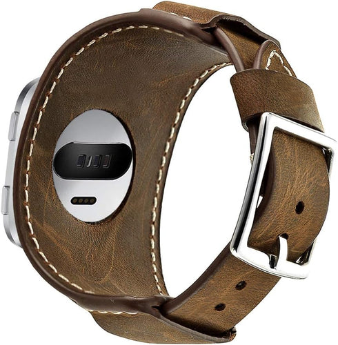 Compatible with Fitbit Versa 2 Bands, Genuine Leather Cuff Bracelet Replacement Strap with Stainless Steel Buckle Compatible Fitbit Versa/Versa 2/...
