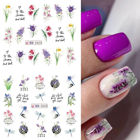 12 Sheets Flower Nail Art Stickers Spring Summer Nail Stickers Water Transfer Nail Art Supplies Lily Orchid Butterfly Small Flower Spring Nail Dec...