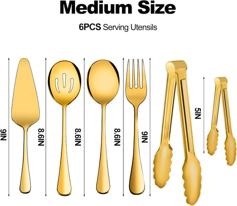 Serving Utensils, XEVOM 6-Piece Stainless Steel Serving Utensil Set Include Serving Spoon, Slotted Serving Spoon, Serving Fork,Serving Tong, Appet...