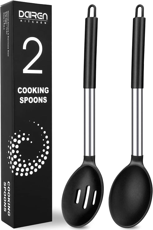 Pack of 2 Large Silicone Cooking Spoons, Non-Stick Stainless Steel Slotted and Solid Spoon Set for Serving, Mixing, Draining, Heat Resistant, Scra...