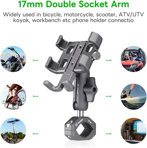 FANAUE Double Socket Arm Connects to 17mm Ball Head Adapter Only, Compatible with Garmin GPS Mount and Bike Motorcycle Phone Holder, Made of Alumi...