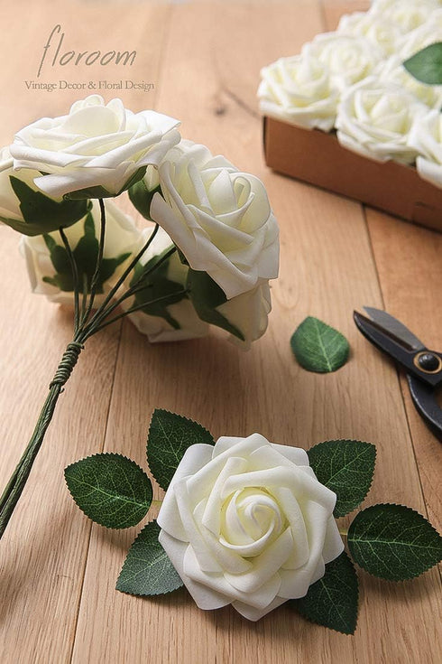 Floroom Artificial Flowers 25pcs Real Looking Ivory Foam Fake Roses with Stems for DIY Wedding Bouquets White Bridal Shower Centerpieces Arrangeme...