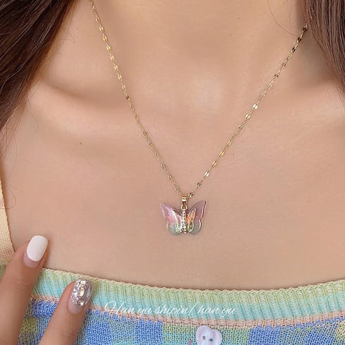 Butterfly Necklace for Women - Fairy Cubic Zirconia Butterfly Pendant Necklaces Titanium Steel (Gold Pink)...