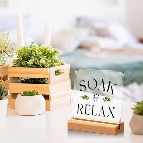 Funny Bathroom Desk Decor,Soak Relax Funny Bathroom Sign Acrylic Plaque With Wooden Stand Sign for Bathroom Shelf Toilet Restroom Home Tabletop De...