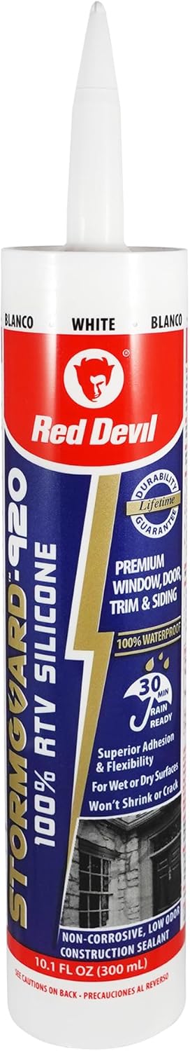 Red Devil 0780 StormGuard 920 100% RTV Silicone Window and Door Sealant, A Water-Resistant Adhesive for Interior and Exterior Use, 10.1 oz. Tube, ...
