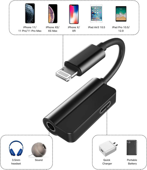 Headphone Adapter Lightning to 3.5mm AUX Audio Jack and Charger Extender Dongle Earphone Headset Splitter Compatible with iPhone 11 12 Mini pro ma...