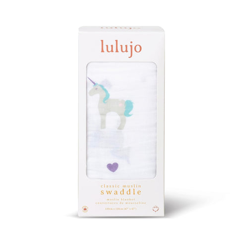 Lulujo Baby 100% Cotton Muslin Swaddle Blanket, 47 x 47-Inches, Rainbows and Unicorns...