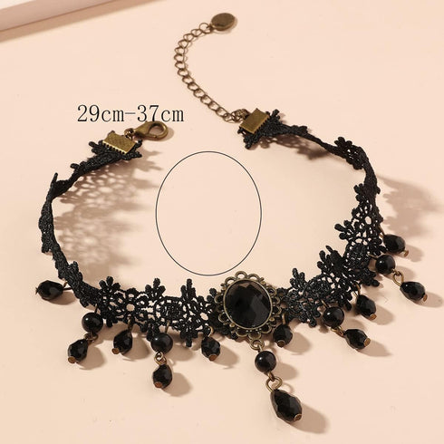Gothic Black Lace Crystal Choker Necklace Sexy Gemstone Pendant Neck Chain Halloween Costume Jewelry for Women Girls...