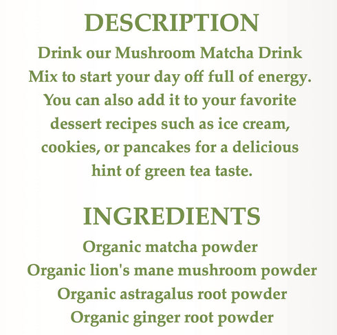 Cherie Sweet Heart Mushroom Matcha Drink Mix, 40 Servings, 4.23 Ounces, Japanese Matcha Green Tea Powder with Lions Mane Mushroom, Astragalus, Gin...