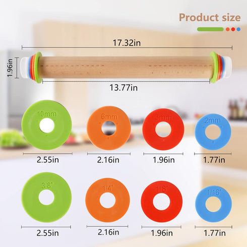 Wood Rolling Pin With 4 Adjustable Thickness Rings, Non-stick Dough Roller For Baking, 17 Inch Pizza Roller For Kitchen supplies, Handle Press Des...
