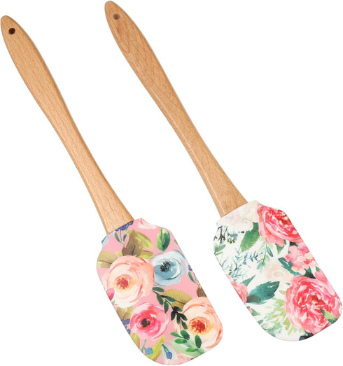 Luxshiny Silicone Scraper Spatula, 2pcs Wooden Handle Rubber Spatula Flower Pattern Mixing Scraper Cream Butter Spatula Non-stick Kitchen Utensils...