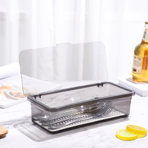 Flatware Tray Kitchen Drawer Organizer with Lid and Drainer- Plastic Kitchen Cutlery Tray and Utensil Storage Container with Cover- Dinnerware Hol...