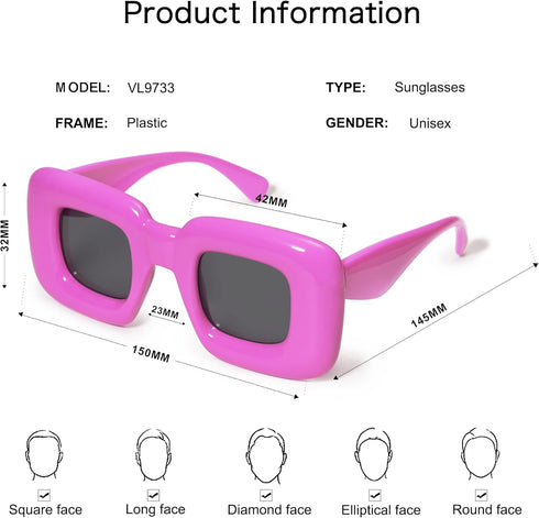 VANLINKER Cute Square Inflated Sunglasses for Women Men Trendy Chunky Glasses Retro Thick Frame Funny Mask Shades VL9733...