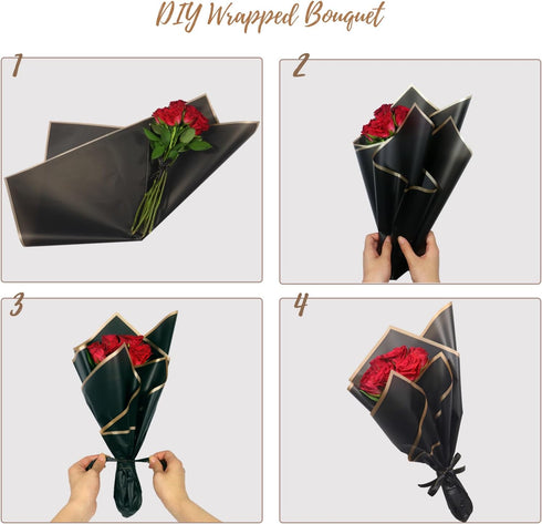 Gloreyan 20 Sheets Black Flower Wrapping Paper, Florist Bouquet DIY Craft Fresh Flower Wrapping Paper with Black Border Waterproof Floral Wrapping...