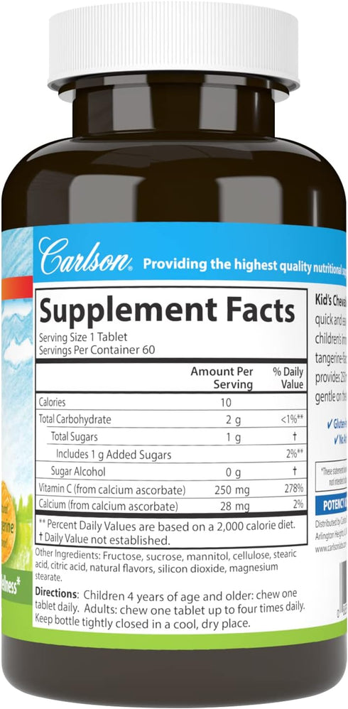 Carlson - Kid's Chewable Vitamin C, 250 mg, 1 g of Sugars, Immune Support & Optimal Wellness, Antioxidant, Tangerine, 60 Vegetarian Tablets...