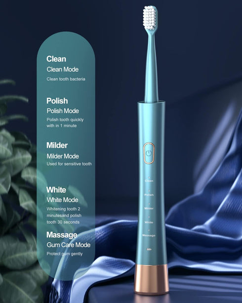 USB Rechargeable Sonic Electric Toothbrush for Adults, Powered Motor High Vibration Teeth & Gum Care, Soft Dupont Brush Heads, 2 Minutes Timer 5 M...