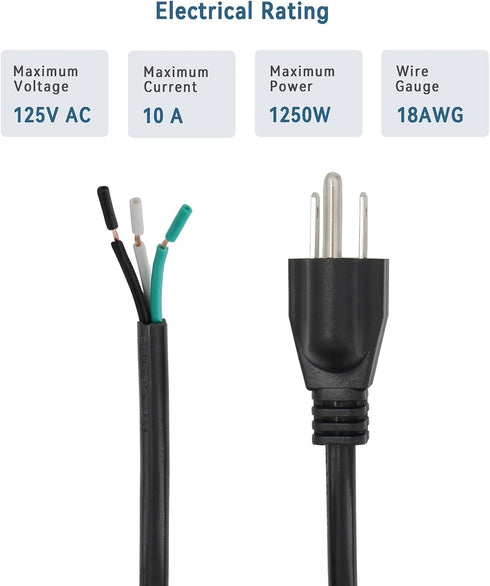 10FT Power Cable Replacement, Cable 110V 115V 120V 300V Pigtail for Appliance, NEMA 5-15P Plug US SJT 18AWG (18/3)...