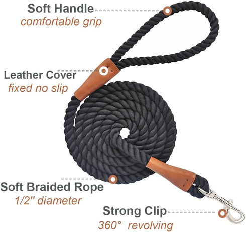 6 FT Rope Dog Leash, Soft Strong Braided Leash with Leather Tailor Connection Pet Leash for Small Medium Large Dogs...