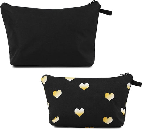 Set of 2 Hearts Makeup Travel Bags for Women Girls, Small Cute Cosmetic Storage Pouch, Toiletry Organizer, Black, 2 Sizes...