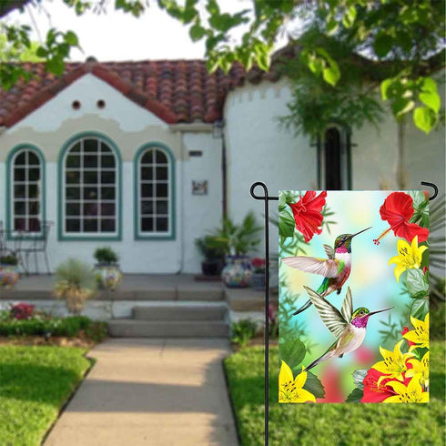 ALAZA Hummingbirds Red Flower Hibiscus Yellow Lilies Birds Small Garden Yard Flag 12" x 18" Twin Sides, Tropical Flower Leaves Birds Decorative Fl...