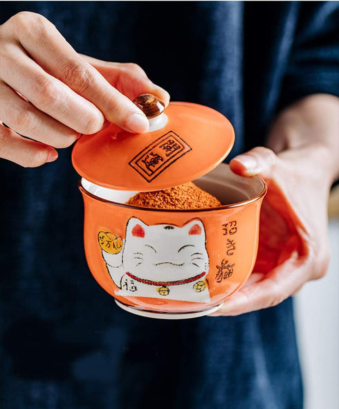 Ceramic Japanese Lucky Cat Sugar Bowl Salt Storage Jar with Lid and Spoon...