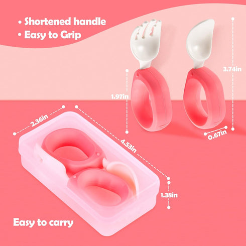 Baby Self Feeding Training Spoon and Fork Set with Travel Case, BPA-Free Cute Circle Toddler Training Utensils, Silicone/ABS Great Tableware Set S...
