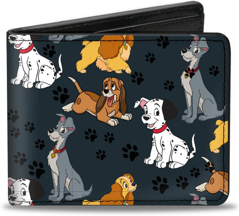 Buckle-Down Men's Wallet, Bifold, Group Collage Paws Gray Black, Vegan Leather, Disney Dogs Collection, 4.0" x 3.5"...