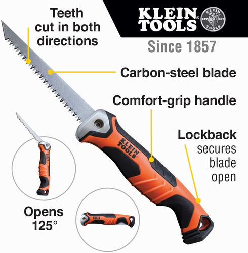 Klein Tools 31737 Folding Jab Saw / Drywall Saw, Hand Saw with Lockback at 180 and 125 Degrees and Tether Hole...