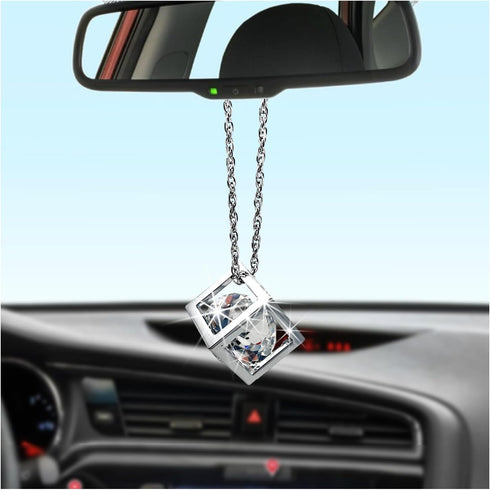 Bling Diamond Cube Car Rear View Mirror Charms, Crystal Sun Catcher Hanging Ornament for Automotive, Home Decor, Universal Vehicle Pendant Accesso...