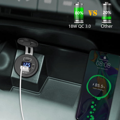 USB C Car Charger Socket, Qidoe 12V/24V Dual USB Outlet PD3.0 & QC3.0 Car USB Port with LED Voltmeter and ON/Off Switch DIY Car Socket for Car Boa...