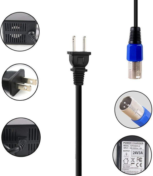 24V 3A Charger, Battery Adapter, Mongoose, Jazzy, GT, eZip, Go-Go Elite Traveller, Shoprider, Jazzy Select 6 Ultra...