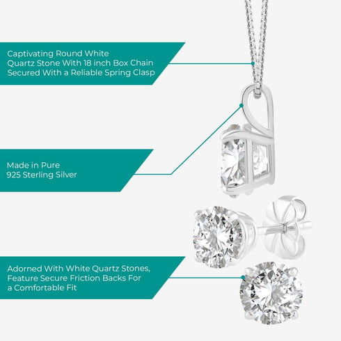 925 Sterling Silver White Quartz Pendant and Earrings Set For Womens...
