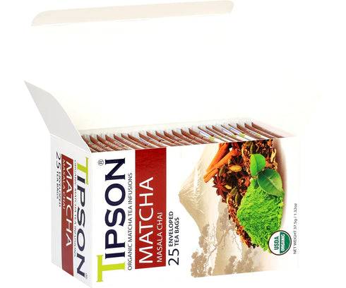 Tipson Organic Matcha Green Tea - Masala Chai Flavor - 25 Foil Enveloped Double Chambered Bags - Keto/Paleo...