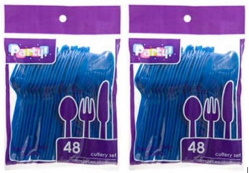 Blue Heavy Duty Plastic Cutlery Sets - 32 Spoons, 32 Forks, 32 Knives - 2 packs of 48 each, 96 pcs total...