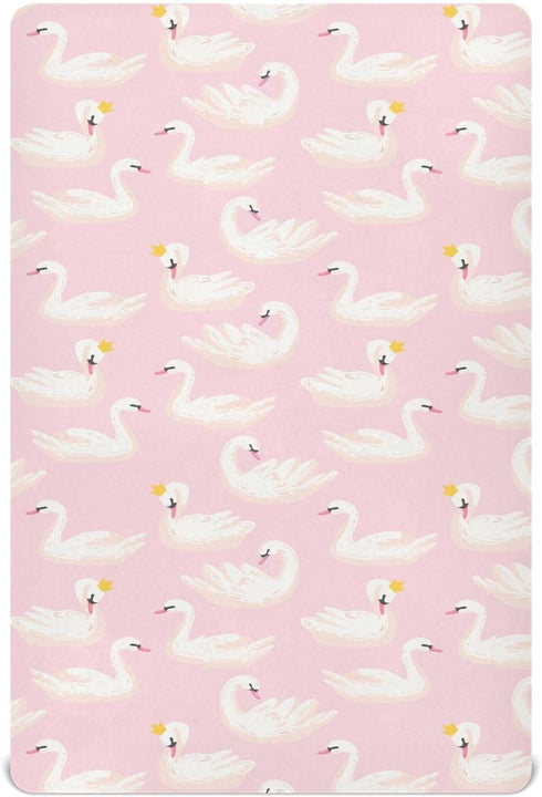 Fitted Crib Sheets Pink Cute Swan Animals Stretchy Portable Playard Sheets for Baby Toddler, Breathable Soft Mini Crib Mattress 39 x 27 in for Boy...
