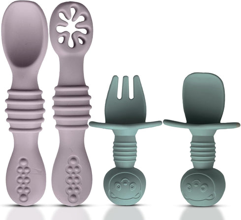 4pc Silicone Baby Spoons Self Feeding Baby Utensils 6-12 Months - 3 Baby Spoon - 1 Baby Fork - Toddler Cutlery Set - BPA Free, Dishwasher Safe, Ba...