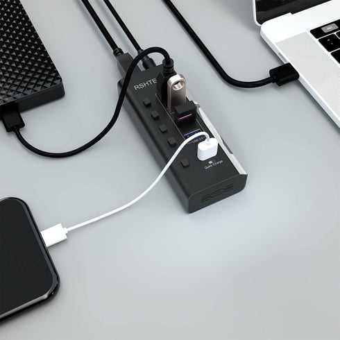Powered USB Hub, RSHTECH USB 3 Hub with 4 USB 3.0 Data Ports + 1 USB Fast Charging Port, USB Splitter with 24W(12V/2A) Power Adapter and Individua...