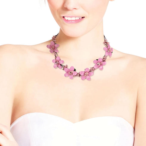 AeraVida Cute Flower Garden Pink Leather and Reconstructed Red Coral Choker Necklace | Leather Flower Choker Necklace | Pink Leather Necklace for ...