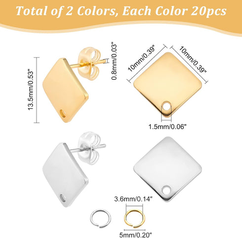 UNICRAFTALE Rhombus Stud Earring 20 Sets Hypoallergenic Earring Post with Loop 0.8mm Pin Stainless Steel Stud Earring with Ear Nuts Ear Studs for ...