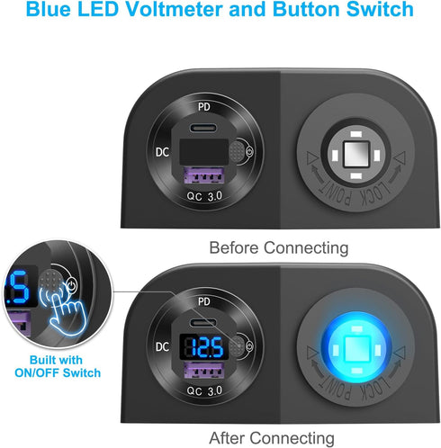 Tent Type Panel 12V USB Outlet Lighted Cigarette Lighter Socket, PD3.0 & QC3.0 Car USB Port Aluminum Charger with LED Voltmeter & Switch, Waterpro...